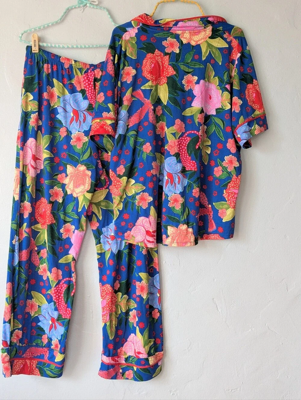 Room Service Floral Pajama Set Button Down Top Pants Blue Red L/G